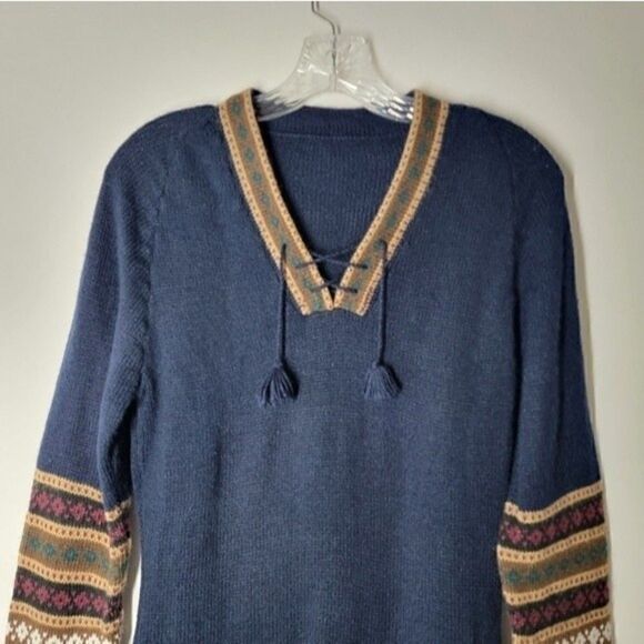 BOHO Knit Sweater Dress Geometric Pattern V-Neck Tassels Size Small* - Picture 2 of 7